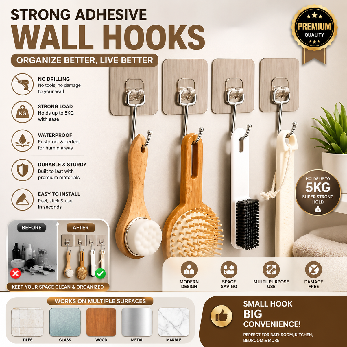 Large Adhesive Hook for wall Heavy Duty, (Pack of 10)